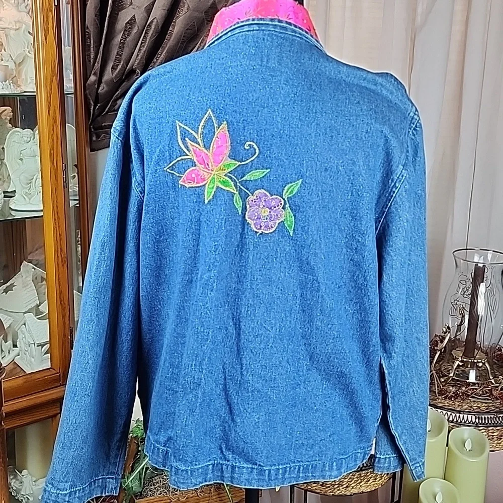 TANTRUMS | Vintage Bright Dopamine Floral Ribbon Embroidered Denim Jacket | L - Picture 7 of 12